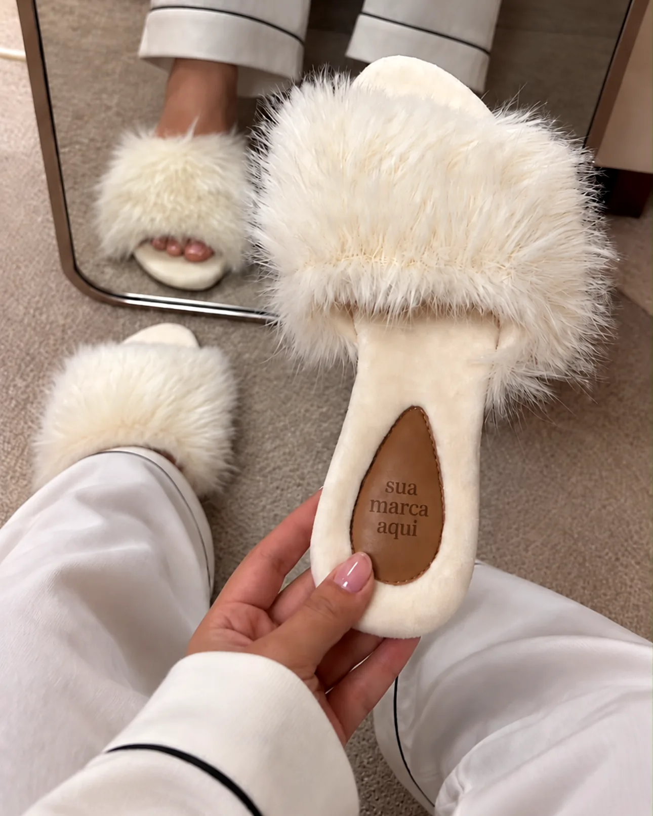 Mão segurando um chinelo felpudo off-white com sua marca aqui gravado na palmilha