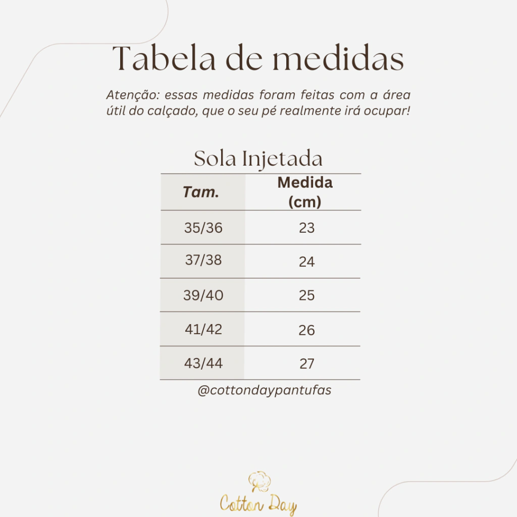 Tabela de medidas de Pantufa Analu