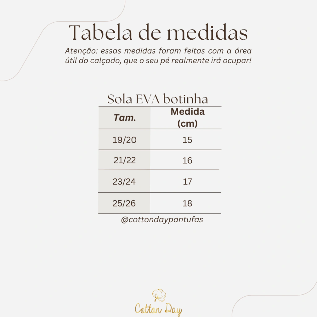 Tabela de medidas de Pantufa Botinha Cano Alto Infantil Gatinha